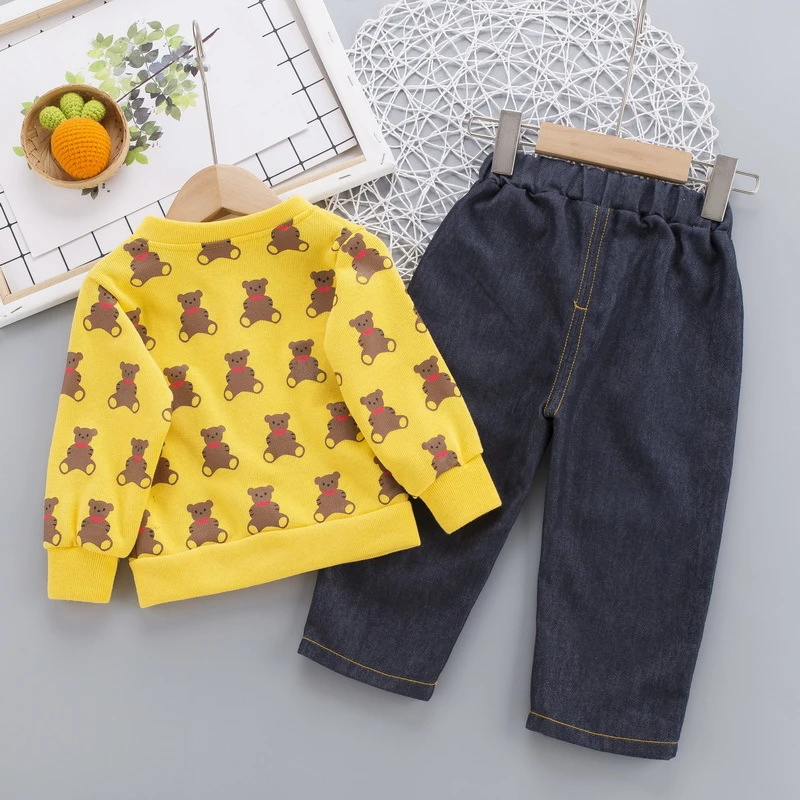 

2020 autumn Korean version of bear cartoon children's clothing 0-4 years old full print bear three-piece children's suit tide
