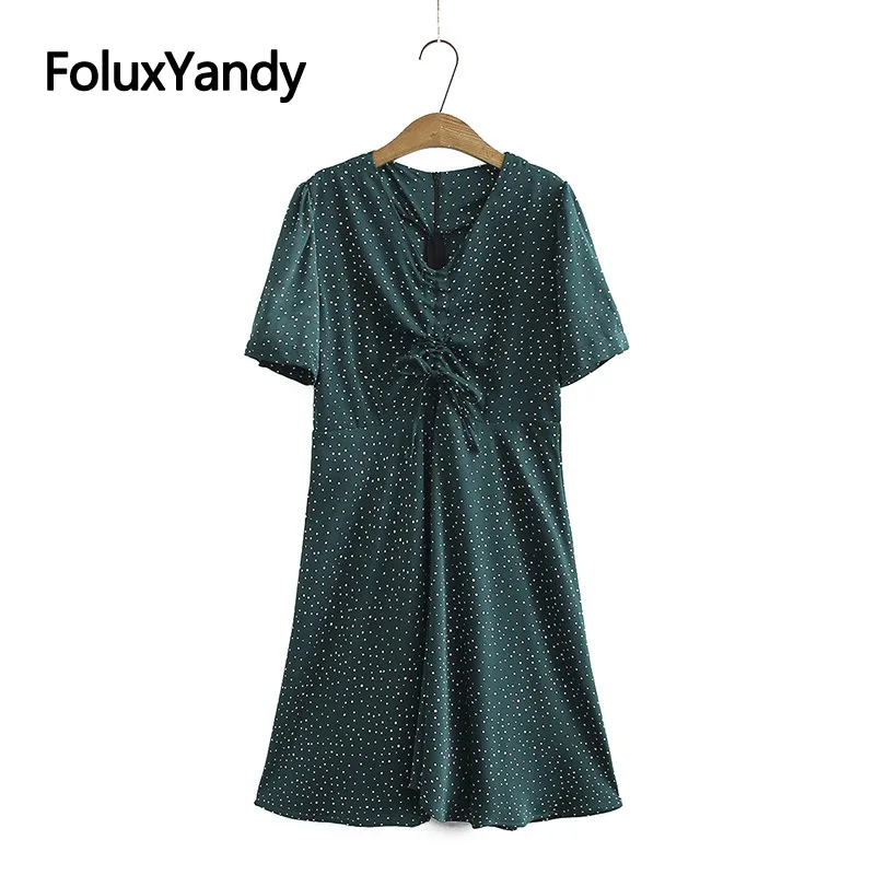 Женское платье с кулиской летнее трапеция в горошек V образным вырезом и коротким