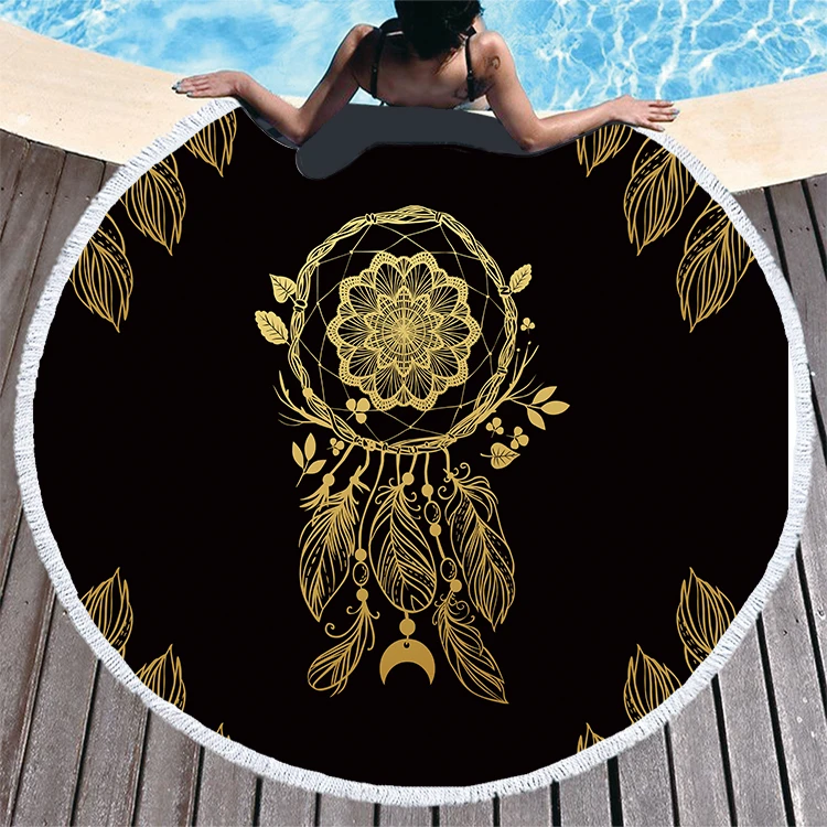 

Woven Print Golden Sun Moon Mandala Beach Towel 150cm Large Instant Cooling towel Soft bath towel Round Beach Mat for Outdoor