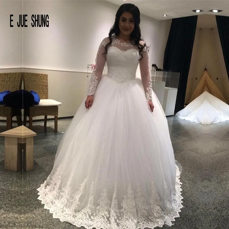 

E JUE SHUNG Fashion White Wedding Dresses Sheer Long Sleeves Scoop Neck Lace Appliques Ball Gowns Bridal Dress Robe De Soiree