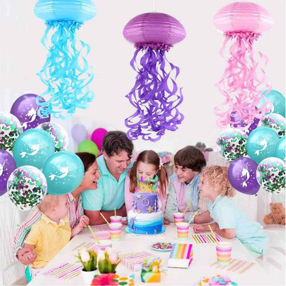 

The Purple Blue Pink Mermaid Color Themed Party Decoration Hanging Jellyfish Paper Lantern Honeycomb For Under The Sea Birthday