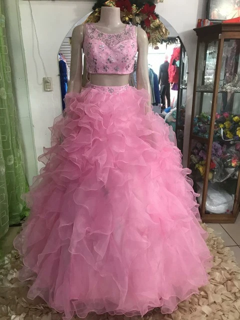 Розовый ANGELSBRIDEP/платья из двух частей для пышных принцесс, 15 лет, модное Хрустальное украшенное бисером с бретельками, без рукавов, классическое бальное платье на заказ - Цвет: Розовый