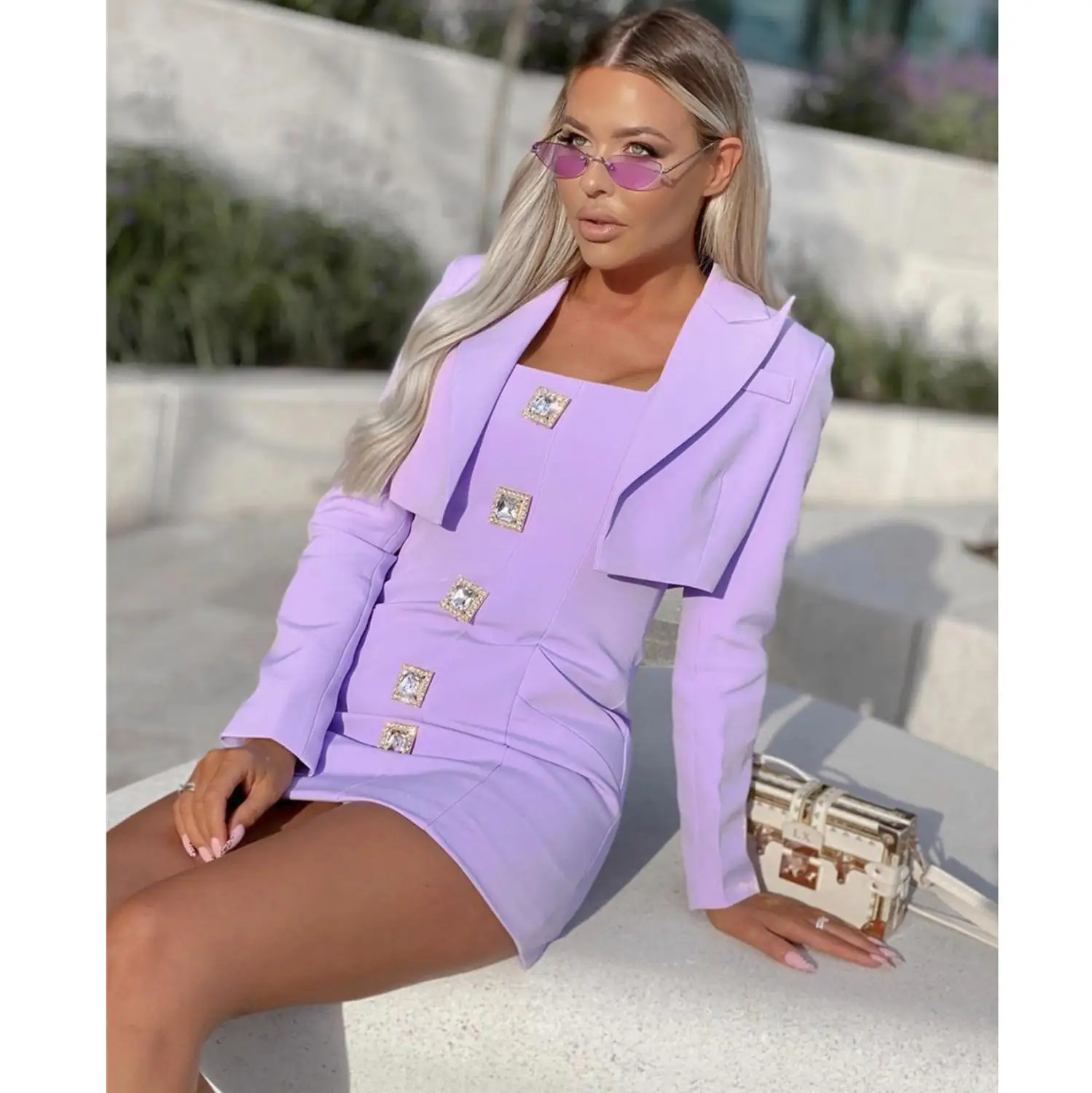 

2020 Autumn New Woman Blazer Purple Black Female Knee Length Dress Elegant Shinny Button Full Sleeves Laydies Celebrity Night