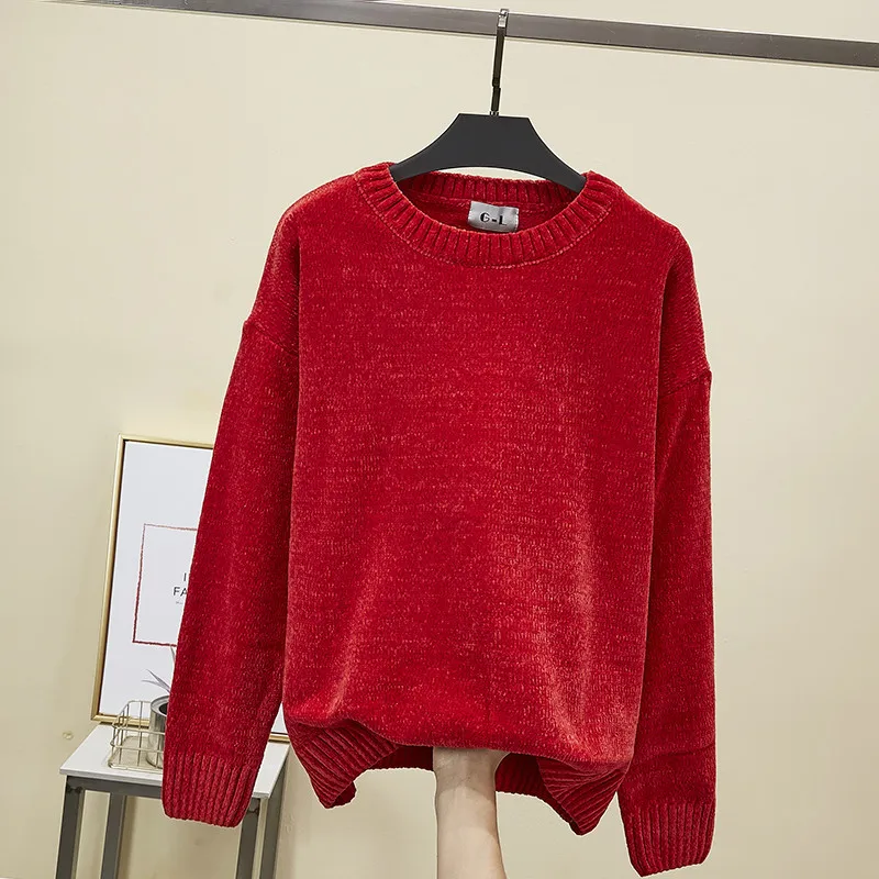 Новый теплый свитер из синели с круглым вырезом женские золотые бархатные теплые