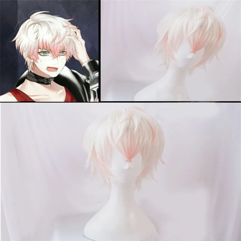 

Mystic Messenger Cosplay Wigs Saeran Ray Wig Short White Mix Pink Heat Resistant Synthetic Hair Cosplay Wig + Wig Cap
