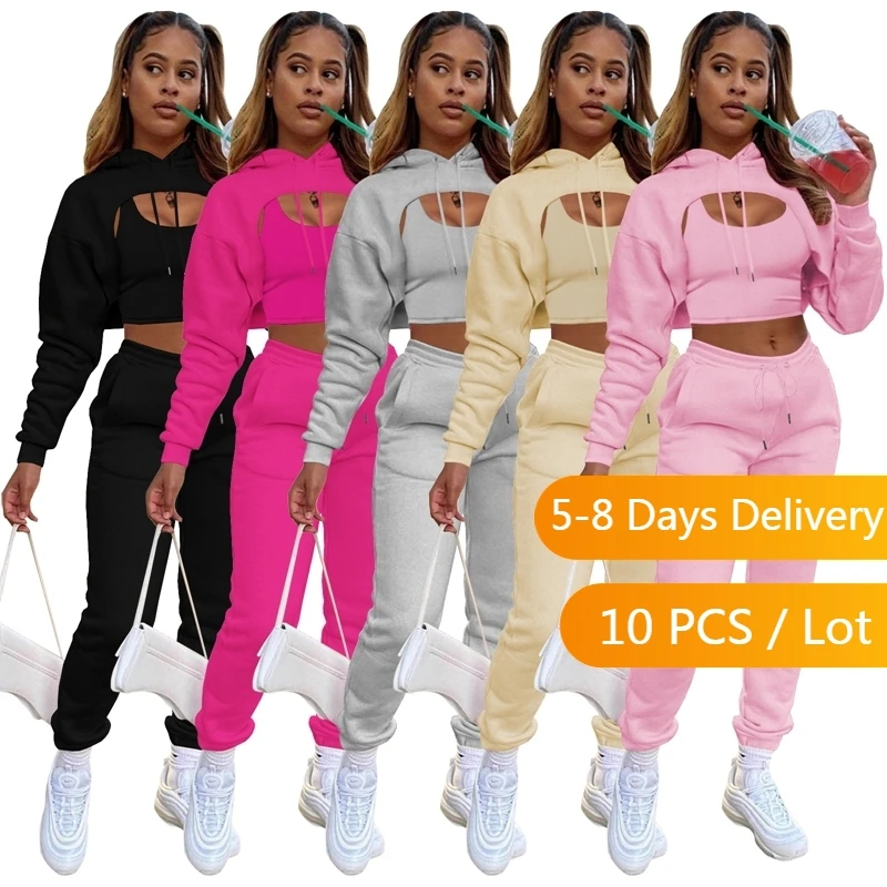 

Wholesale Items Casual 3 Piece Set Women Fall Clothes Hooded Coat Crop Top Sweatpants Set Warm Sweatsuits for Women Sportswear