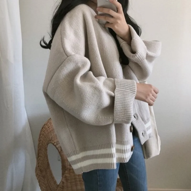 CHRLEISURE Women Cardigan Sweater Single Breasted Bat Sleeve V-neck Long Knit Loose Coat Autumn |