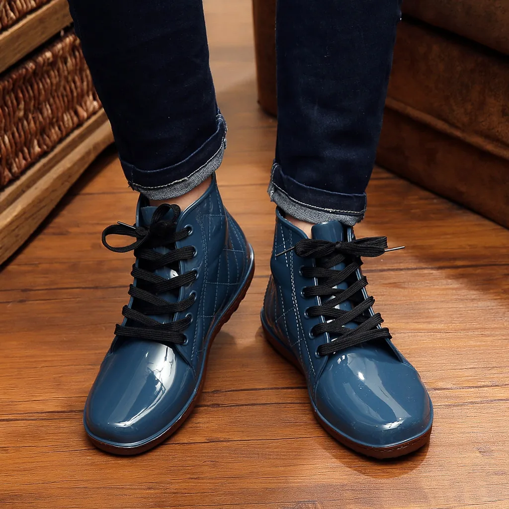 Резиновые сапоги для мужчин, резиновая модная обувь на плоской подошве со шнуровкой, короткая обувь для дождливой погоды, резиновые сапоги, Мужская водонепроницаемая обувь на плоской подошве со шнуровкой