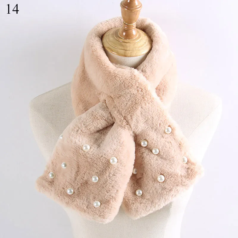 

Women Winter Warm Thicken Scarfs Solid Color Faux Rabbit Fur Plush Cross Collar Scarf Shawl Solid With Pearl Elegant Warm Hot
