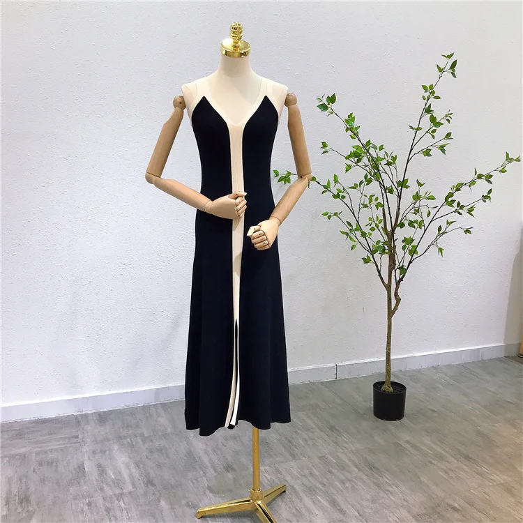 

XUXI-v-neck Sleeveless Knitted Dress, Suitable For Women's Long Skirt, Contrast E786