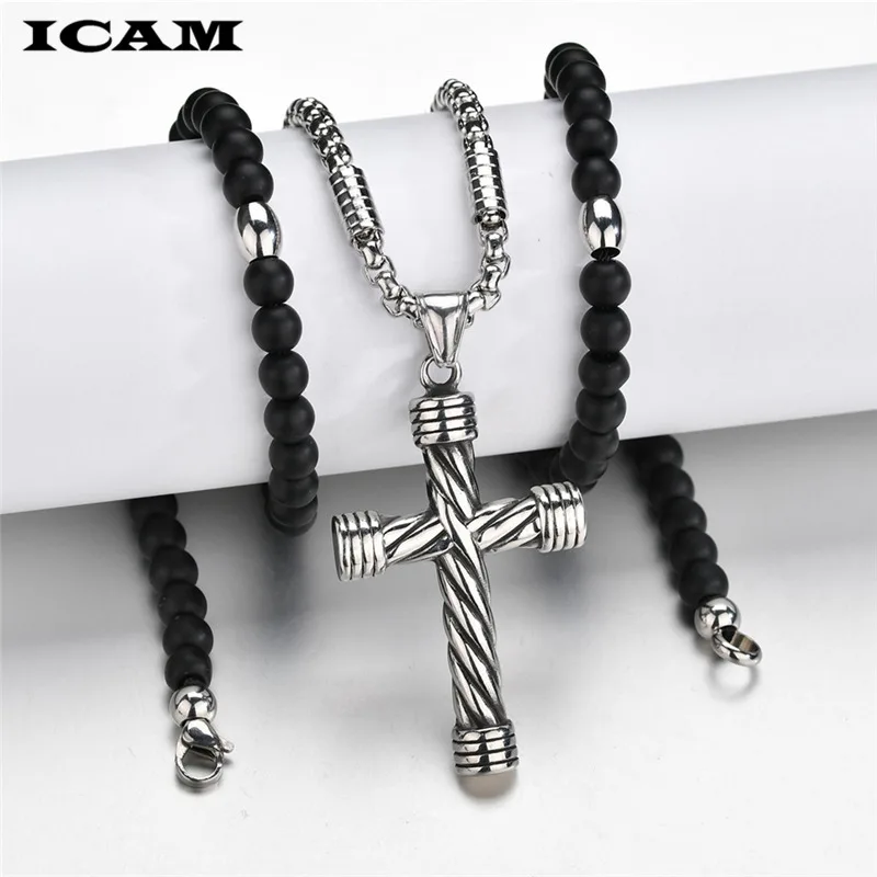 ICAM Mannen Vrouwen Christus Zwarte Kralen 4mm Rozenkrans Bead Kruis Hanger Geweven Touw Ketting Ketting Sieraden Accessoires ICAM Mannen Vrouwen Christus Zwarte Kralen 4mm Rozenkrans Bead Kruis Hanger Geweven Touw Ketting Ketting Sieraden Accessoires