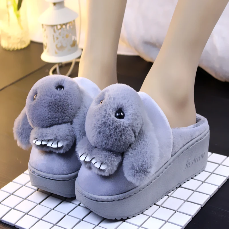 Искусственный мех Женские тапочки с зайчиком зимние теплые 5 см на высоком