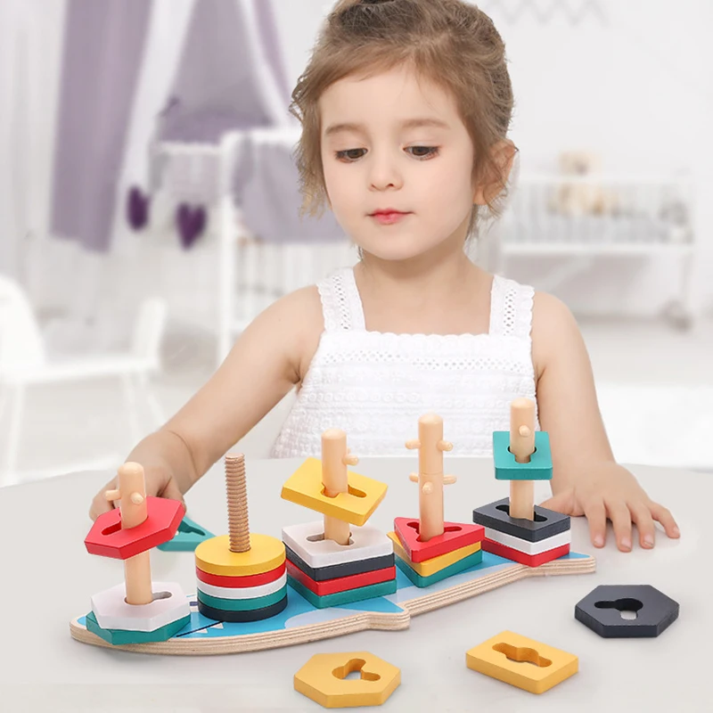 

Montessori Geometry Toy Set DIY Wooden Building Blocks Shape Pairing Board Model Set Cognitive Early Educational Toys for Kids