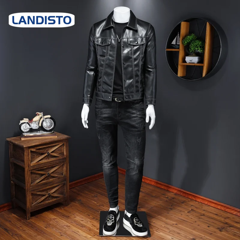

LANDISTO autumn men clothing Motor style men jacket leather jacket men fashion Casual mens leather jacket