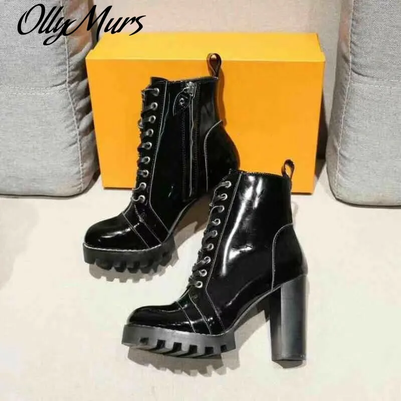 

Prowow New Genuine Leather Sexy Platform Thick heel HIgh Heel Boots Lace Up Winter Women Boots Zapatos Mujer