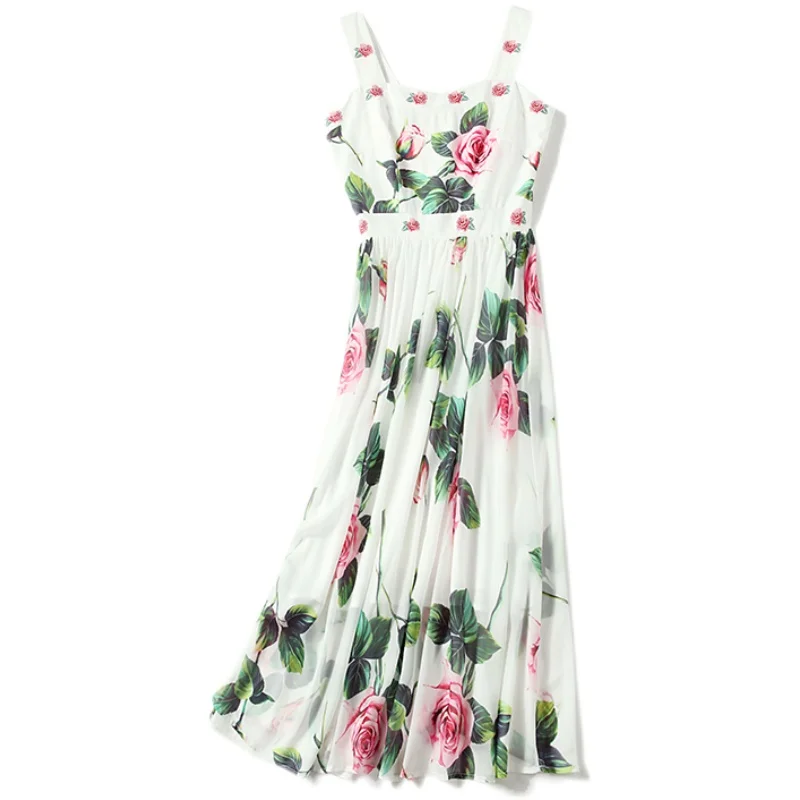 

Rose Floral Print Sundress Women's 2021 New Summer Sleeveless Chiffon Vest Dress Female Holiday Beach Semi-sheer Party Dresses