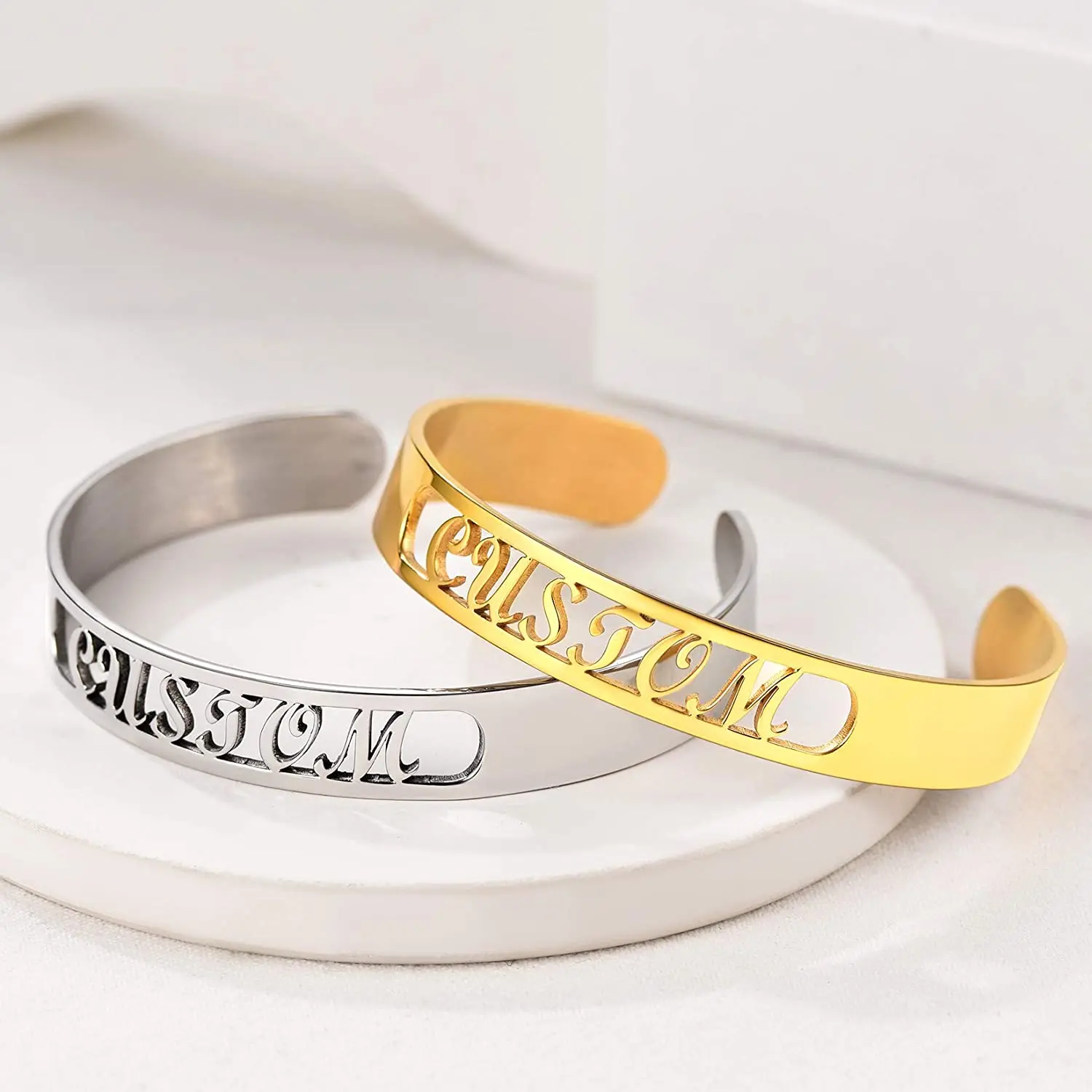 U7 Cuff Bracelet with Name Customized Gift 10MM Wide Stainless Steel Chunky Open Wristband for Women Men