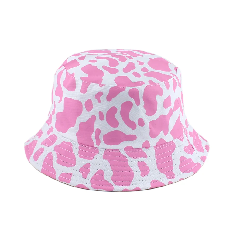 

2021 New Fashion Korean Pink Cow Print Bucket Hat Women Reversible Fishing Cap Bob Chapeau Autumn Summer