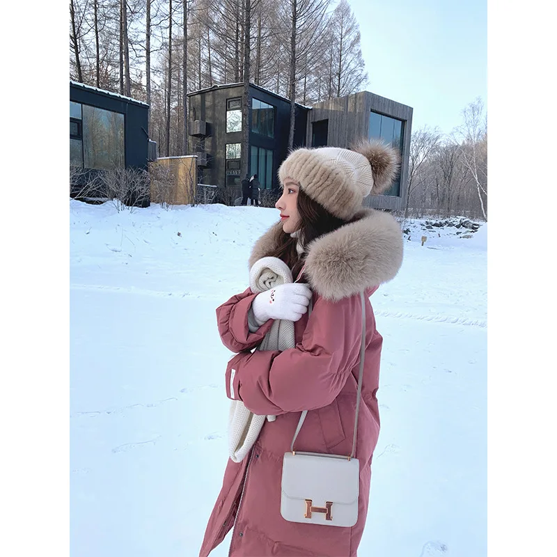 Женская парка на утином пуху длинное пальто с капюшоном и воротником из меха