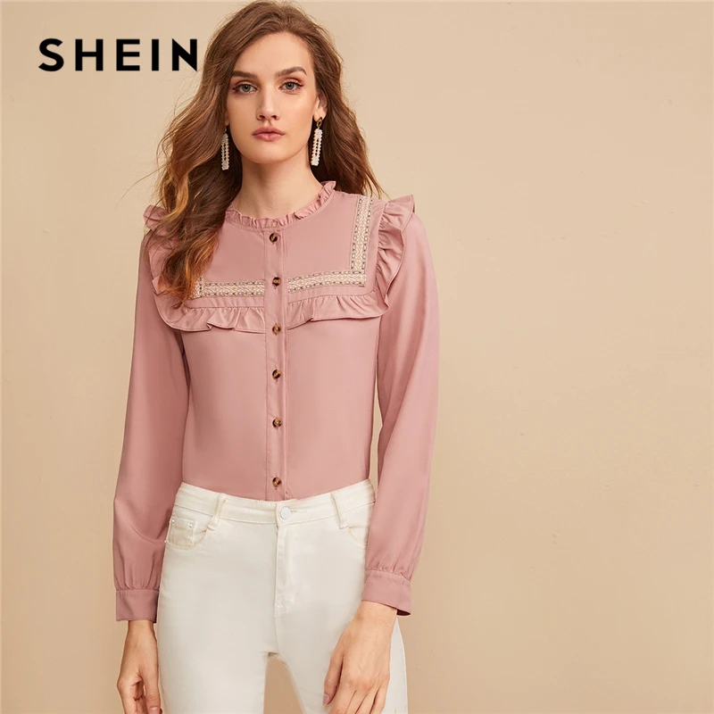 SHEIN розовая вышитая лента панель с рюшами отделка пуговица спереди милая блузка рубашка женские топы осень длинный рукав элегантные блузки