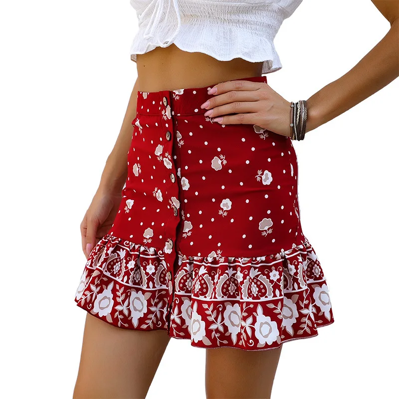 

2021 Trend Women Bottom Floral Print Red Wrap Skirts Summer Single Breasted High Waisted Skirts Mini Ruffles Folds Midiskirts