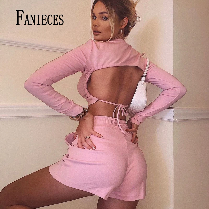 

FANIECES Open Back Laced Up Long Sleeve Slim Crop Tops T Shirt And Elastic Waist Shorts Matching Set For Women Summer Outfit