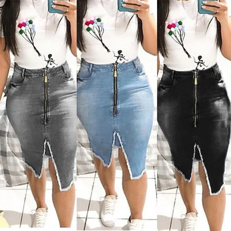 

Lugentolo Sexy Jeans Skirts Women Plus Size Summer New Washed Slim Fringed Denim Midi Skirt Knee-Length Pencil Skirts
