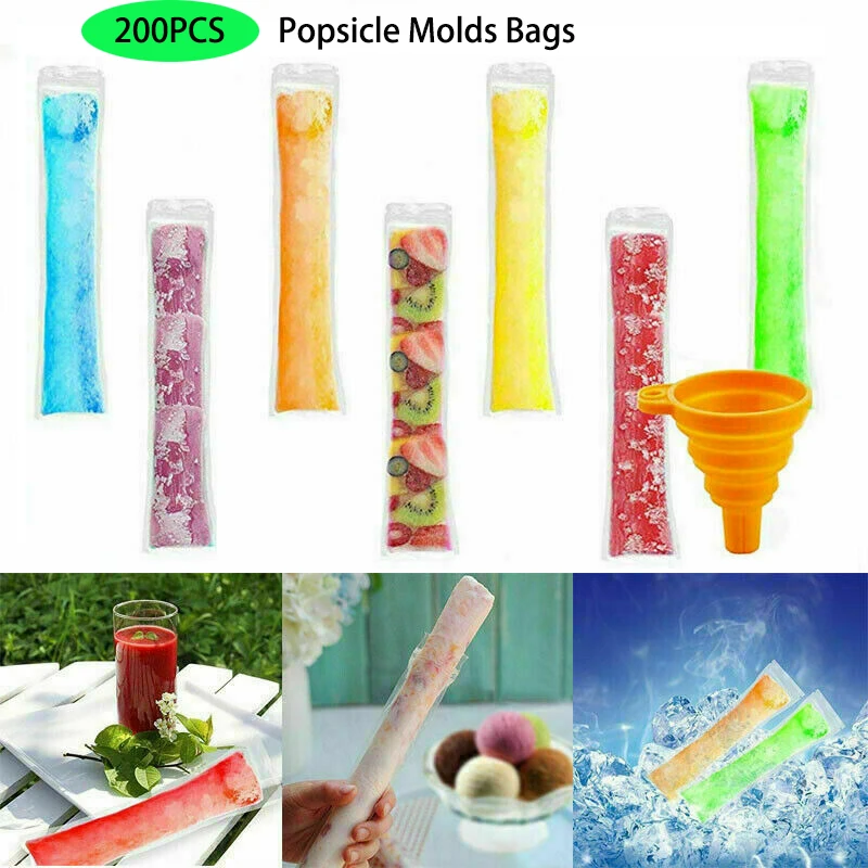 200PCs Disposable Ice Popsicle Molds Bags Zip-Lock Pouch Freeze Pops Bag Funnel for Summer Making |