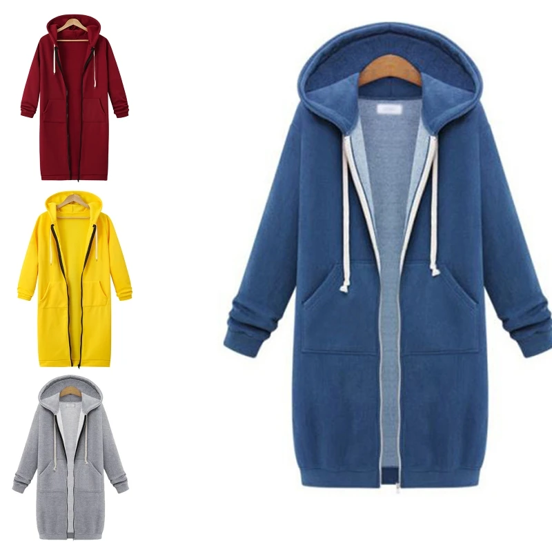

Women Long Sleeves Drawstring Hooded Sweatshirt Coat Solid Color Zip Hoodie