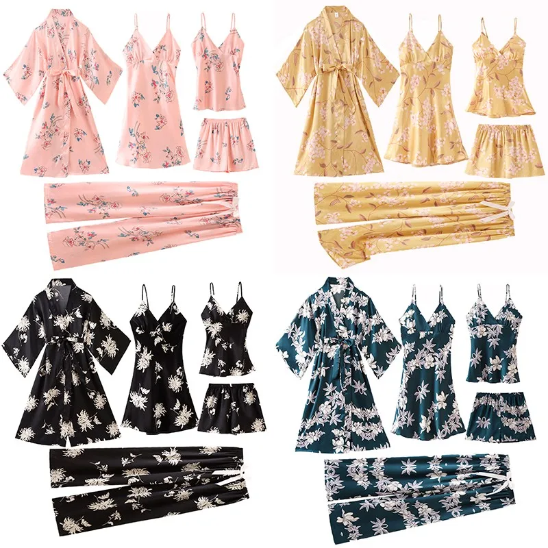 

Pajamas Suit Women Rayon Ryjama Pour Femme Sexy Kimono Robe Gown Sets Printed Flower Sleepwear V-Neck Spring New Home Clothing