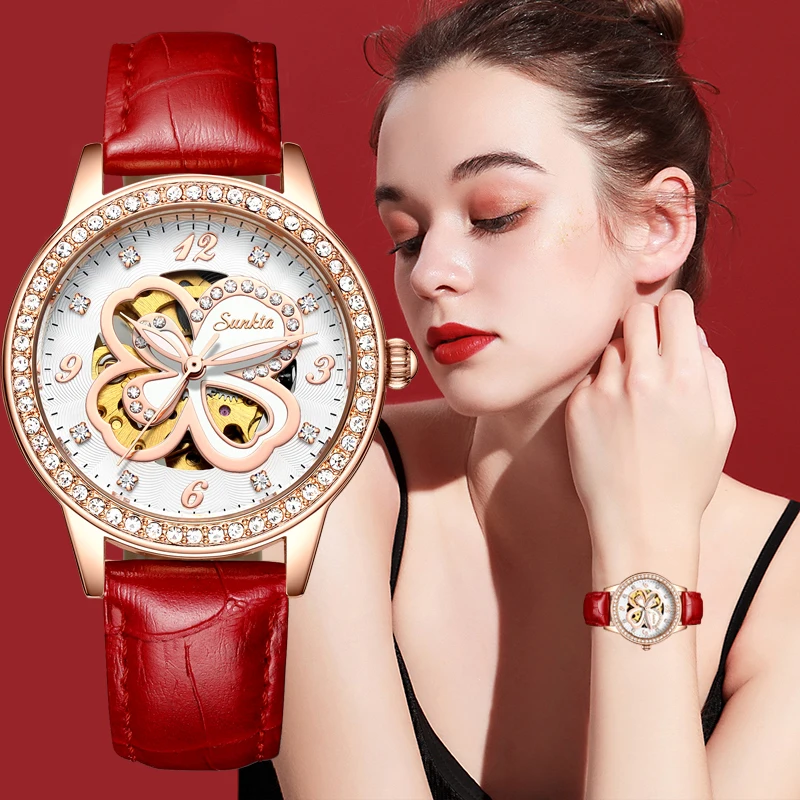

SUNKTA 2021 New Leather Automatic Mechanical Watch Women Brand Luxury Waterproof Watch Elegant Diamond Wrist Watches Gifts Clock