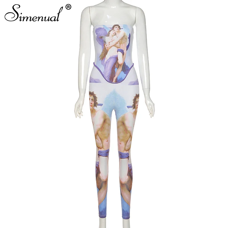 

Simenual Aesthetic Printed Wrap Chest Bodycon Rompers Womens Jumpsuit Fashion Party Club Sexy Hot One Piece Strapless Jumpsuits