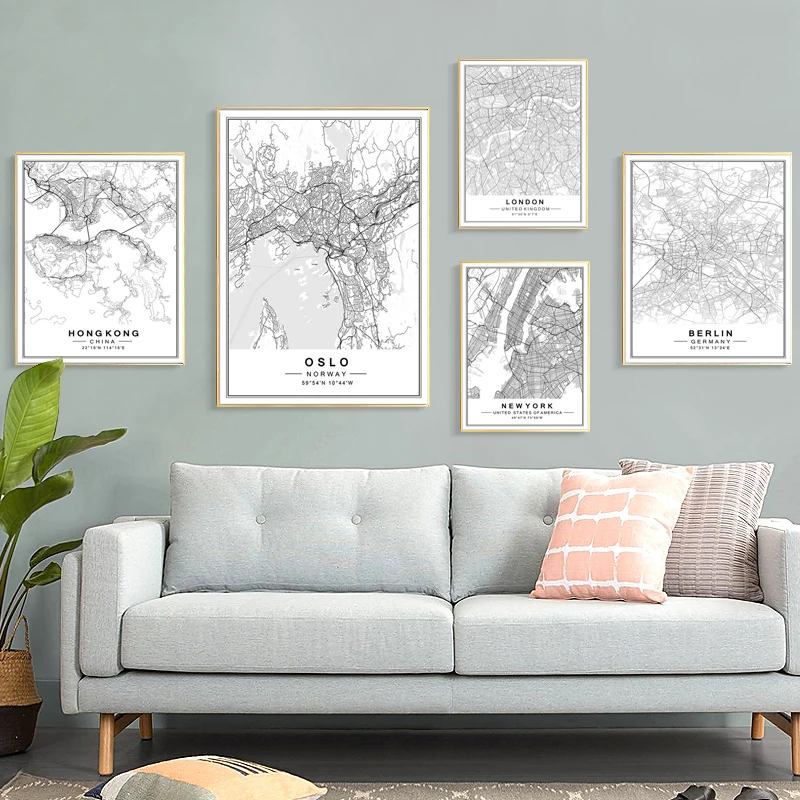 Черно-белый плакат с надписью Карта города Париж Лондон Нью-Йорк нордическая