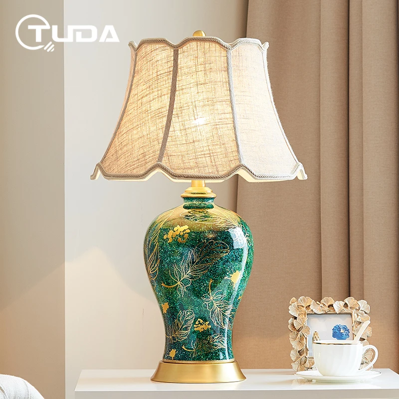 

TUDA 40x65cm American Hand Made Paiting Ceramic Table Lamp For Living Room New Chinese Style Retro Domestic Bedroom Bedside Lamp
