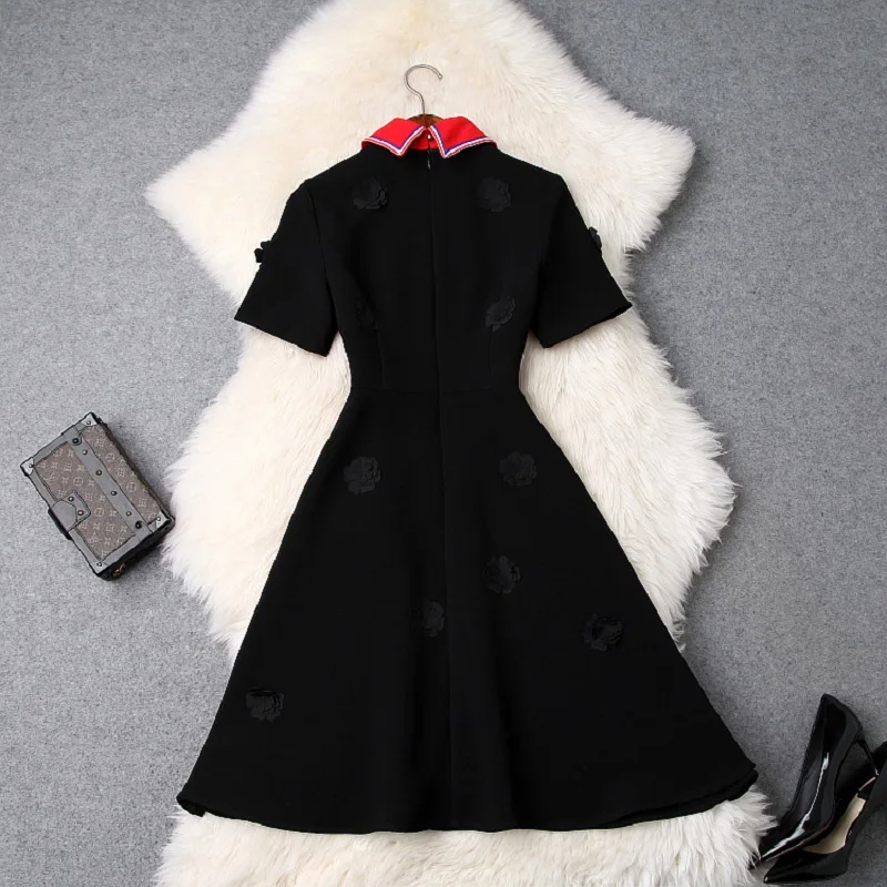 

Woman Flower Party Dress 2019 New High Quality Spring Summer Elegant Shirt Dress A Line Short Sleeve Sweet Dresses White Black