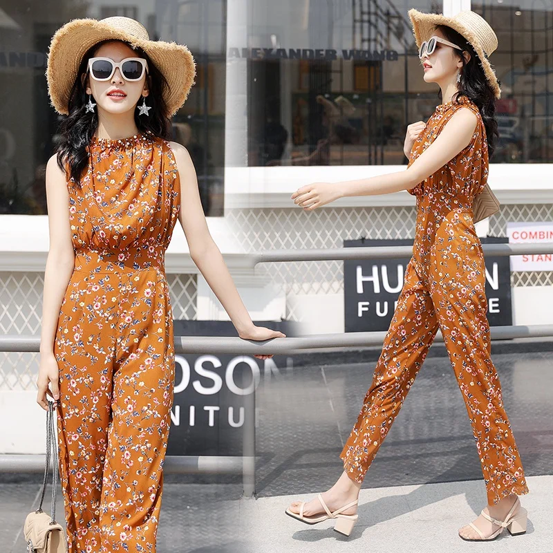 Женский шифоновый комбинезон с цветочным принтом без рукавов |