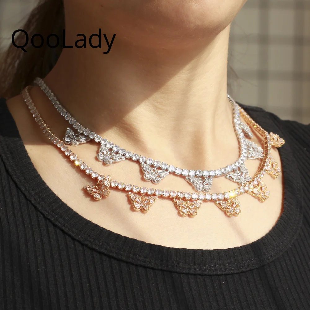 

QooLady New Fashion Silver Color Charm Butterfly Necklace for Ladies Shining White CZ Stone Wedding Prom Statement Jewelry N009