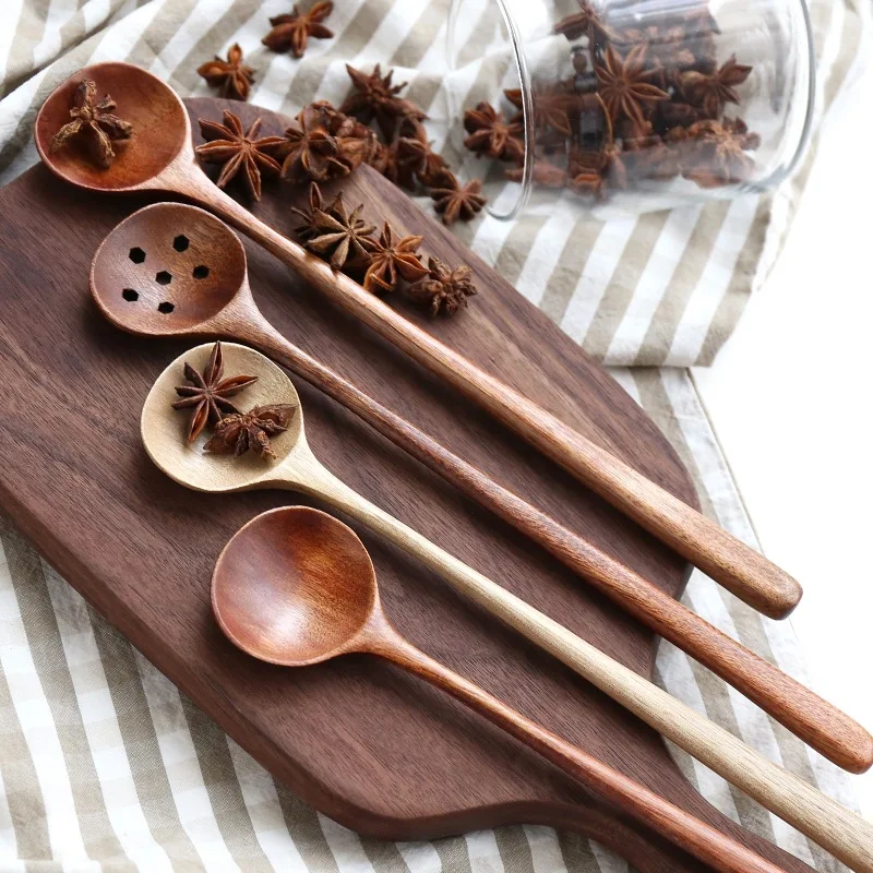 Натуральная цельная деревянная ложка с длинной ручкой для кофе чая детской кухни