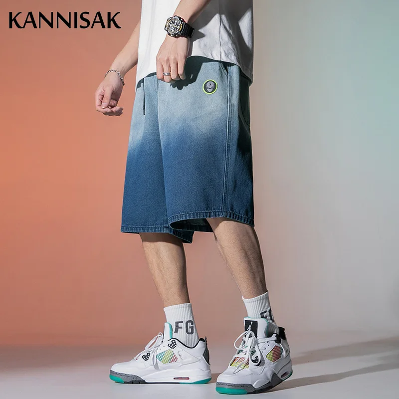 

KANNISAK Men Denim Pants 2021 Summer Knee Length Harajuku Korean Jeans Short Pant Casual Baggy Streetwear Male Elastic Waist