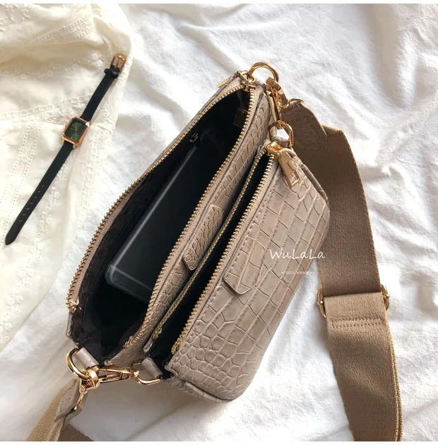 

Vintage Crocodile women shoulder bag luxury designer wide strap Crossbody bag chain Sling bag pu leather ladies 3 bag set wallet