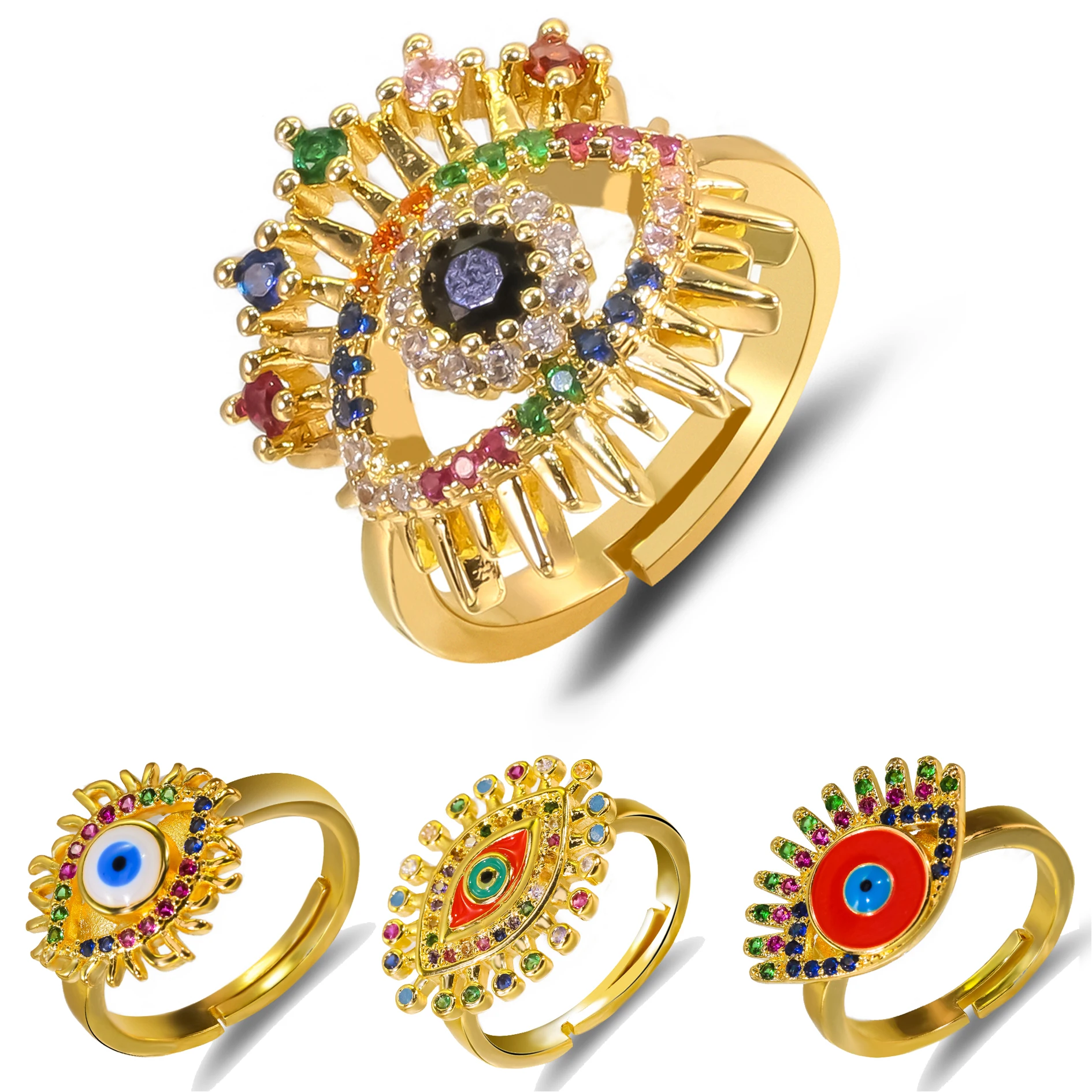 

Fashion Bohemian Rainbow Colorful CZ Stone Wedding Ring For Women Gold Color Evil Eye Open Ring Adjustable Size Party Jewelry
