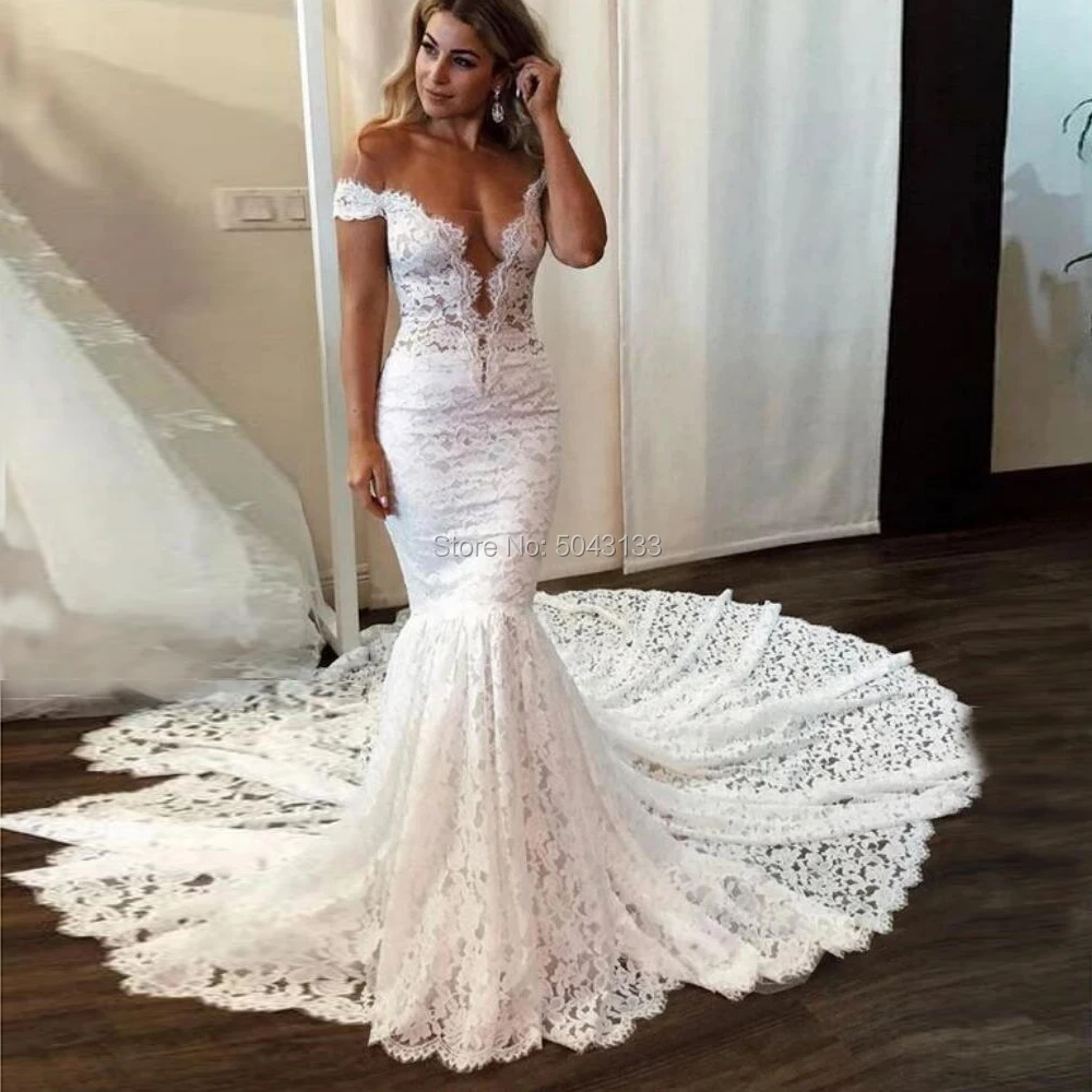 Женское свадебное платье с открытыми плечами длинное кружевное юбкой годе и