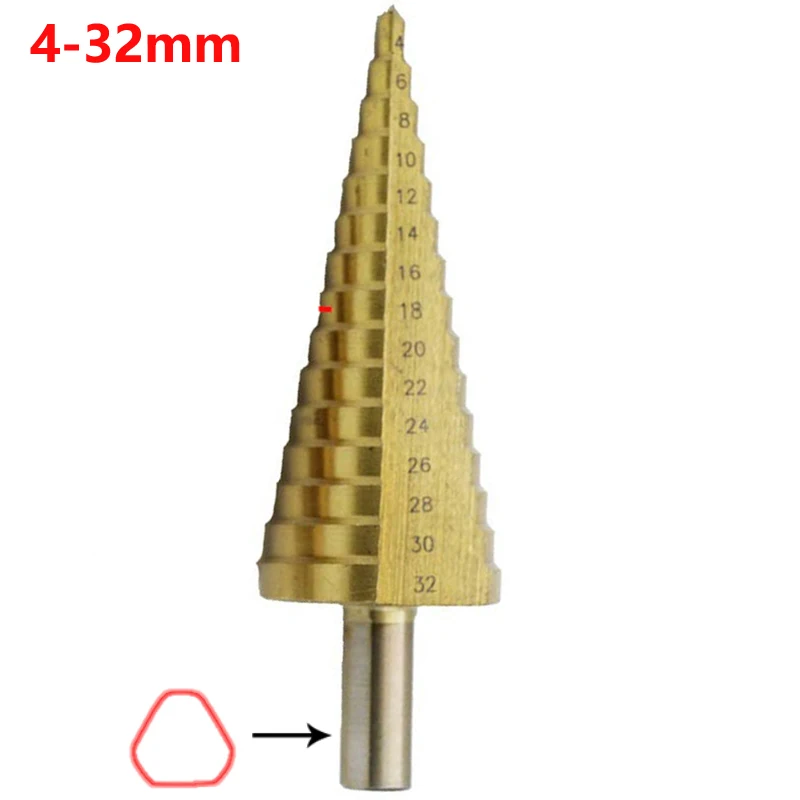 4-32 Triangle handle Hss титановые спиральные рифленые ступенчатые сверла 4-12/4-20/4-32 мм ступенчатые конусные режущие инструменты стальные деревообрабатывающие металлические сверла - Цвет: 4-32 Triangle handle