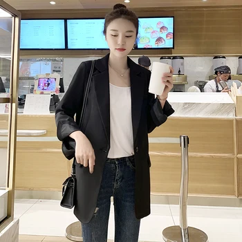 Elegant V- Neck Black Blazers Fashion Suit Women 2021 Autumn Spring Slim Korean Style Mid-Length Casual Jacket Business Attire
