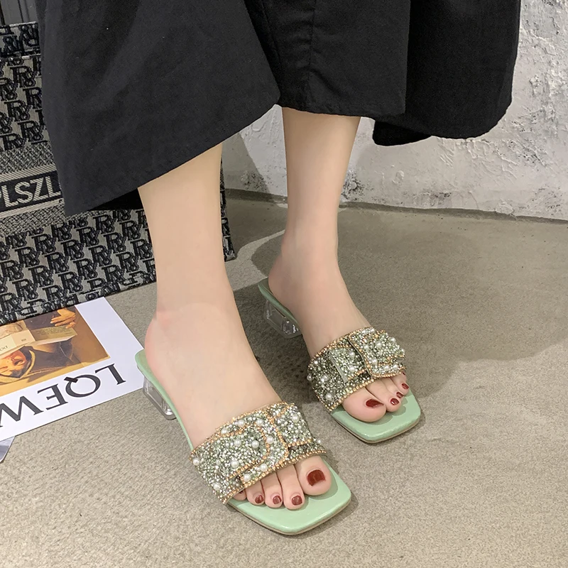 

Popular Logo Rhinestone Slippers High Heels For Women With The New Summer Chic Small Pearl Web Celebrity Androgyny Shoes