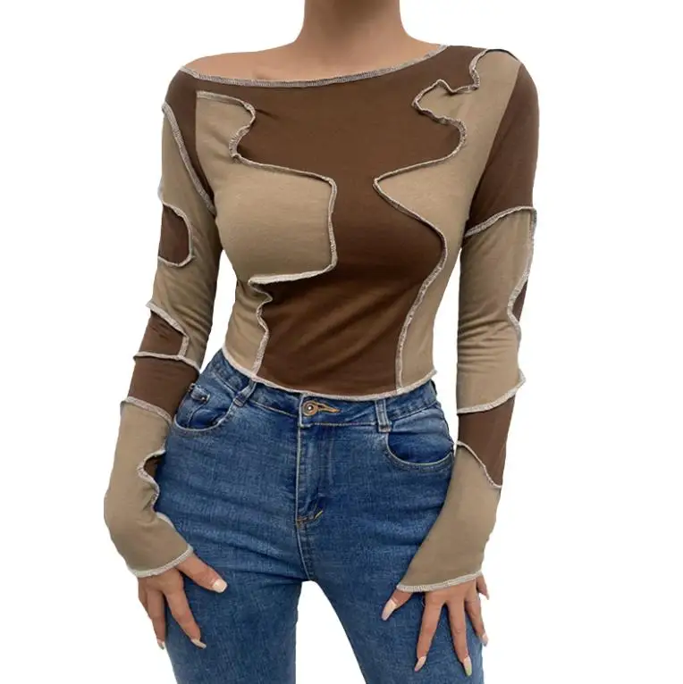 

Пуловер женский в стиле пэчворк, коричневый укороченный топ с длинным рукавом, S/ M/ L/ XL