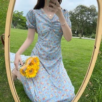 summer 2021 new floral print dress women elegant french v neck puff sleeves pastoral style long dress lady fashion party dresses