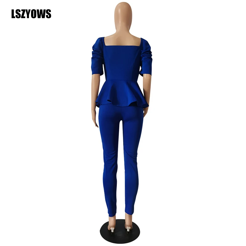

Casual Office Lady Two Piece Set Solid Vintage Short Puff Sleeve Ruffle Top And Long Pant Suits Summer Set Elegant Women Outfits