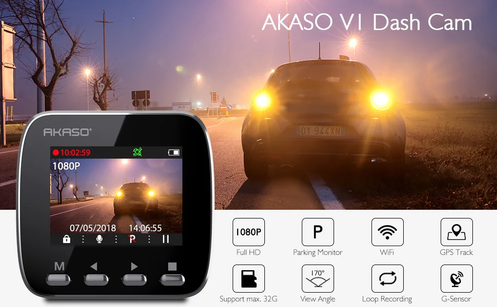 AKASO Автомобильный видеорегистратор V1 HD WiFi видеорегистратор для автомобилей с gps приложением 16 Гб циклическая запись ночного видения g-сенсор монитор парковки