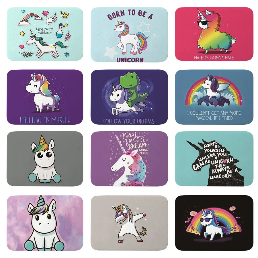 

Lovely Cartoon Unicorn Quotes Welcome Floor Mats Rainbow Horse Carpets Doormats Anti-slip Outdoor Rugs Flannel Front Door Mats